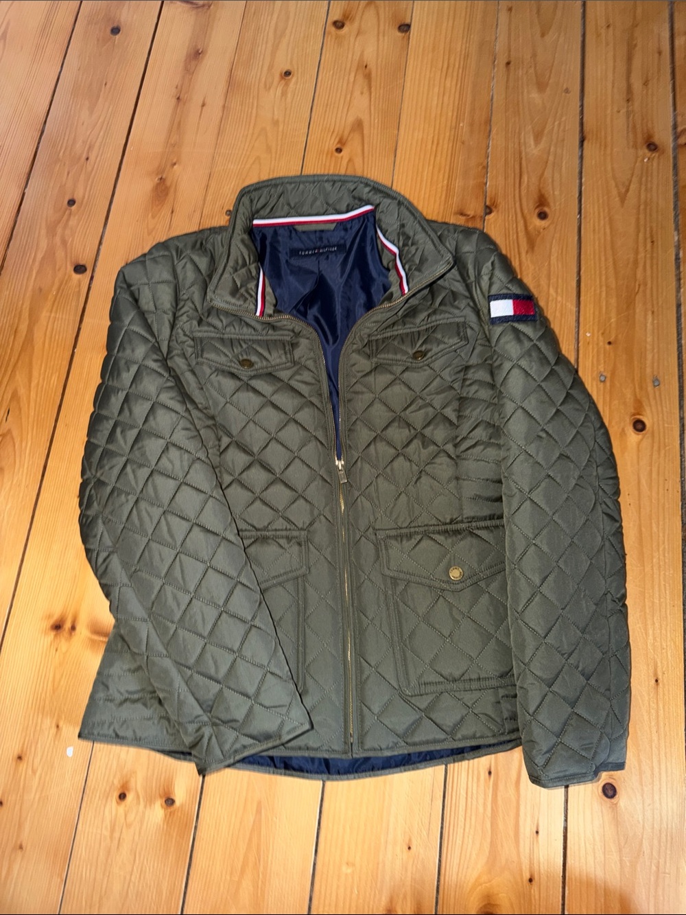 Tommy Hilfiger Olive Quilted Puffer Jacket with Flag Sleeve Patch